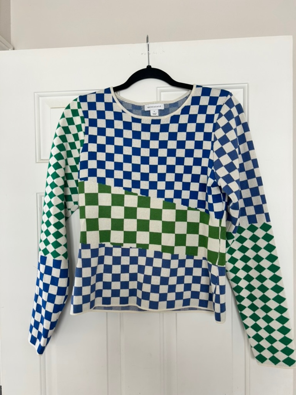 Warehouse Blue, Green & White Checker Crewneck Sweater